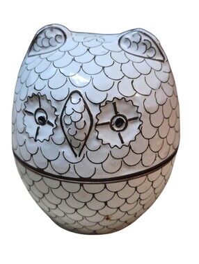 Pottery Barn White Owl Decorative Trinket Box Blue Enamel Interior Metal Cloison